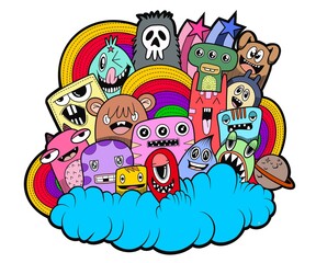 
funny monsters. Cool hand drawn characters. Cartoon hand drawn doodles, children's  illustration background. 