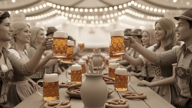 Oktoberfest Celebration with Friends Toasting Beer Mugs in a Lively Tent.