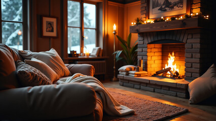 Fototapeta premium A cozy indoor scene with warm lighting, a fireplace, and comfortable blankets, evoking a sense of warmth and relaxation during winter.