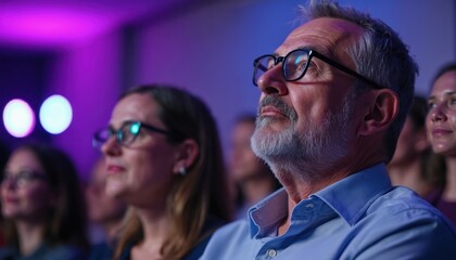 Adults with glasses look up at stage, captivated by performance. People focus intently on event in dark venue under purple lighting. Audience members engaged in presentation or show.