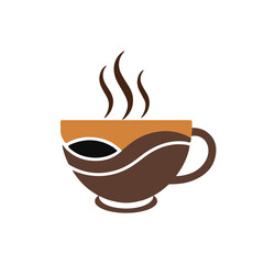 Hot Coffee Mug  Vector art of stylized illustration of a steaming coffee cup with a brown and orange design, featuring abstract coffee bean shapes and wavy lines, isolated on a, perfect for cafe brand