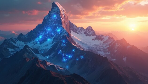 Majestic mountain peak at sunset with glowing blue digital network overlay. Jagged snowy summits rise against warm sky and sun. Technology meets nature in this epic landscape.