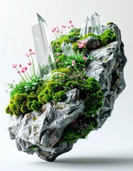 Floating Island with Crystals and Moss: A Serene Fantasy Landscape, Miniature World of Rocks, Flora, and Sparkling Gems