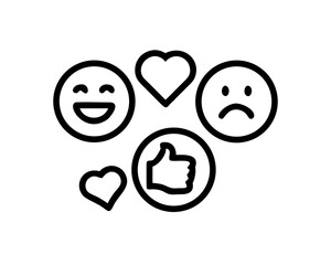 Positive and negative feedback icons with hearts and a thumbs up