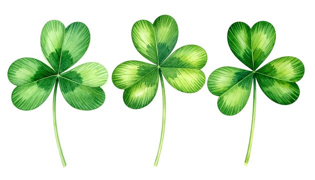 Three watercolor shamrocks on a white background, showcasing detailed green foliage, stems, and leaf veins - Powered by Adobe