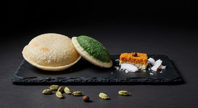 Traditional Indian Bengali Pitha and Orange Halwa Sweets with Cardamom and Coconut on Black Slate Gourmet Dessert