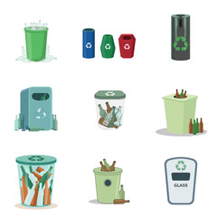 Modern Recycling bins and containers for glass waste in various styles, set of icons