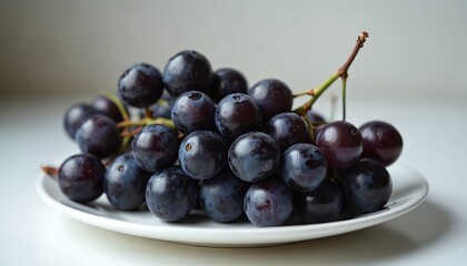 Fototapeta premium Dark blue grapes with stem sit on white plate. Bunch of ripe fruit with dew drops looks fresh and healthy. Suitable for food blogs recipes or juice ads.