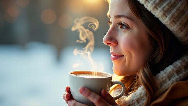 An image of a person enjoying a warm beverage, such as hot chocolate or tea, in a winter setting, conveying a sense of comfort and coziness.