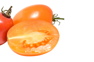 Ripe yellow and red tomatoes isolated on PNG background.