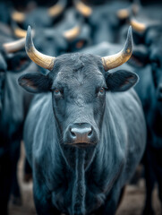 Naklejka premium Majestic black bulls with golden horns standing boldly in a herd during dusk camera shot
