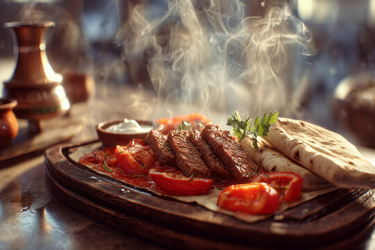 Street food stall Iskender Kebab - authentic Turkish meat dish served from local vendor with traditional preparation