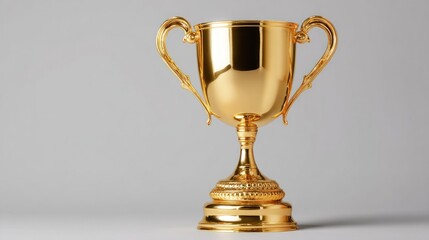 A gleaming gold trophy with ornate detailing, two handles, and a wide base sits on a light grey background, reflecting light