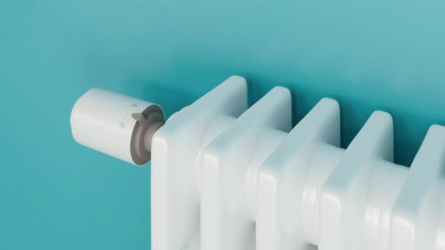 Adjusting the thermostat on a modern white radiator to save energy. Concept for rising heating costs, energy efficiency, and the cost of living crisis. Ultra HD 4K 3840x2160 3D animation.