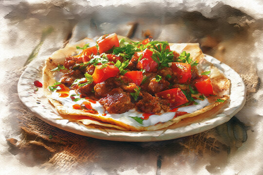 Hand-painted watercolor illustration of Iskender Kebab - artistic Turkish dish with vibrant colors and details