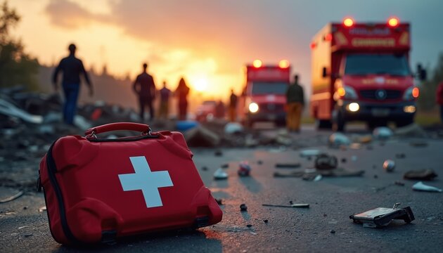 Red first aid kit sits on debris littered road. Emergency vehicles and blurred figures are seen at dusk. Disaster site with rescue personnel attending to a critical situation.