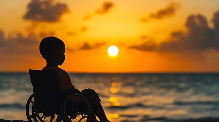 Silhouette of a child in a wheelchair watching the sunset at sea