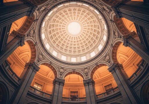 Looking up at the grand dome of a classical building with intricate architectural details and arches - Powered by Adobe