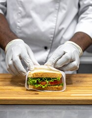 Chef Prepares a Fresh Sandwich, Wrapping with Paper, A Healthy Sandwich Made with Lettuce, Tomato, and Other Fresh Ingredients Being Wrapped for Serving