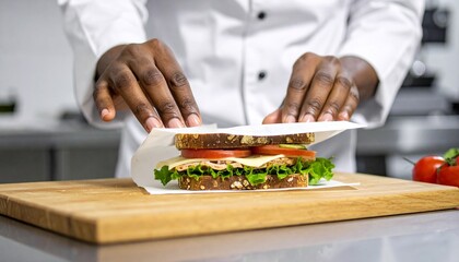 A culinary artisan wrapping a fresh deli sandwich, Sandwich preparation by a professional chef for takeout