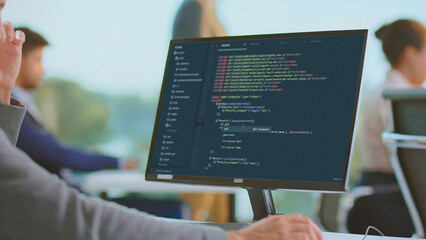 Developer person creating software application with programming language on computer screen, sitting at desk in a modern corporate office, showing the process of coding and web development