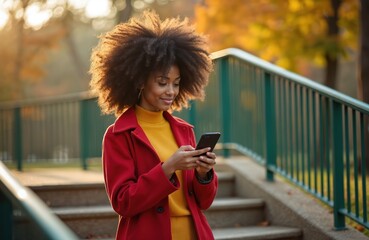 Young african american woman with afro hairstyle uses smartphone outdoors on steps. She wears yellow sweater and red coat, autumnal park background. Woman happily messages on phone.