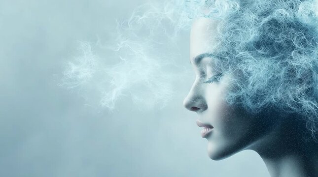 Woman's Profile with Eyes Closed and Energy Emanating from Her Head in a Cold Blue Tone.