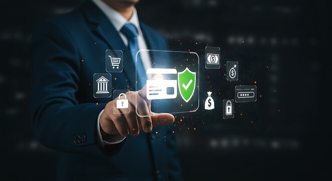 Fintech and digital banking technology. A user interacts with a holographic UI for secure online transactions, data protection, and financial security