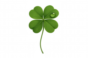 Four-leaf clover with water drop symbolizing luck and prosperity, green leaves on transparent background
