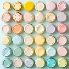 An overhead view shows an array of colorful metal bottle caps arranged neatly on a light blue surface.