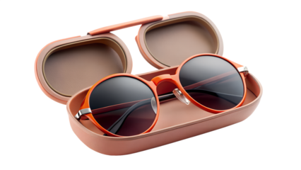 Stylish orange sunglasses with dark lenses, placed inside an open brown leather case, isolated on transparent background