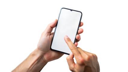 Hand holding a modern smartphone with a blank screen, isolated on transparent background