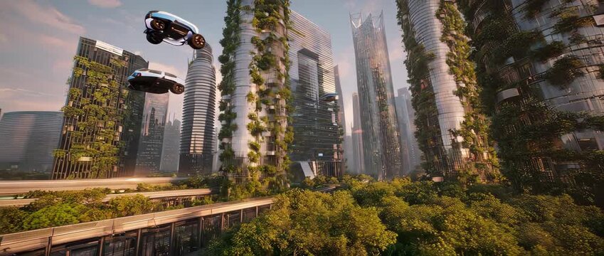 An animation of a sustainable, futuristic city with buildings covered in green gardens. Represents eco-friendly urban architecture and a green future.