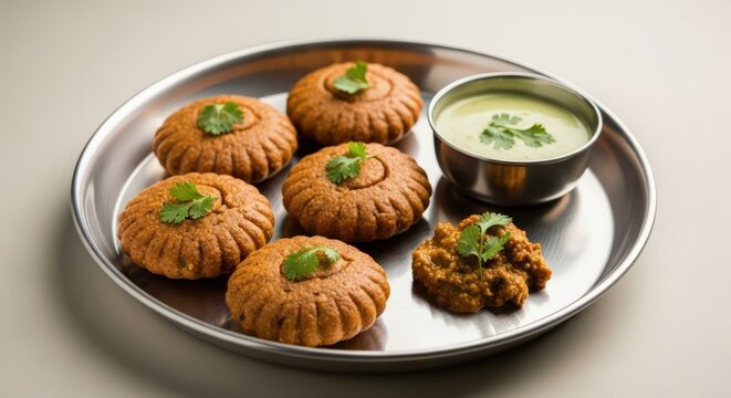 A plate of indian bati with dal and chutney garnished with cilantro on a metal plate close up view