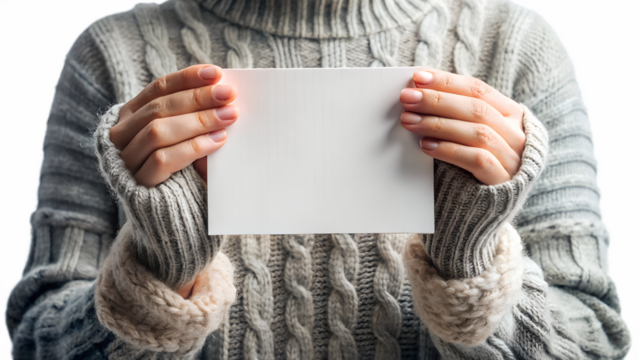 Person wearing a warm, cableknit sweater holding a blank white card in their hands, isolated on transparent background