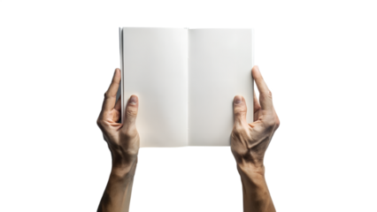 Hands holding an open blank book isolated on transparent background