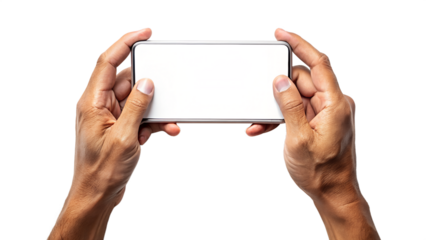 Hands holding a smartphone horizontally isolated on transparent background