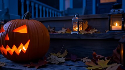 Vertical video of a spooky jack-o'-lantern glowing on a porch at night. Carved Halloween pumpkin decoration with candles and autumn leaves. Scary holiday tradition - Powered by Adobe
