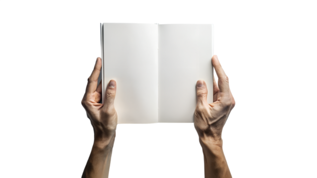 Hands holding an open blank book isolated on transparent background