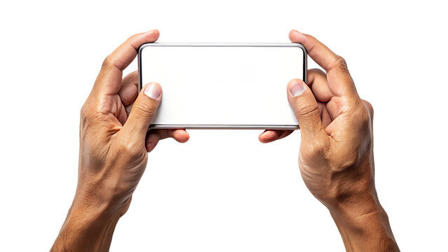 Hands holding a smartphone horizontally isolated on transparent background