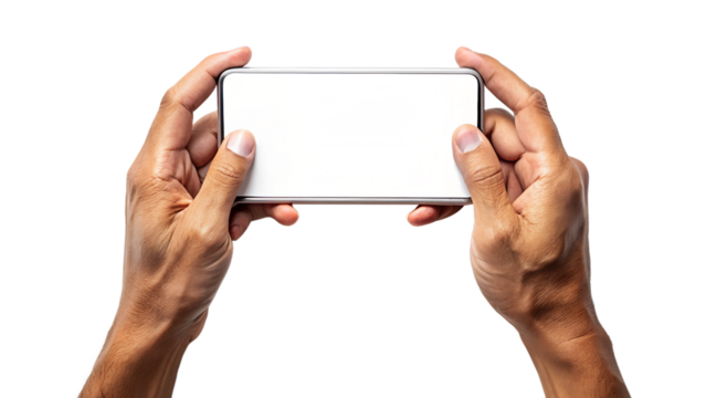 Hands holding a smartphone horizontally isolated on transparent background