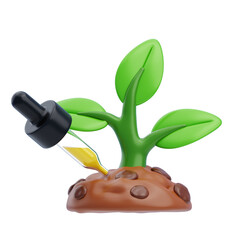 Biotechnology Concept Tiny Green Plant Growing From Soil With Dropper Applying Yellow Liquid Fertilizer For Scientific Research And Development Studio Lighting Transparent Background