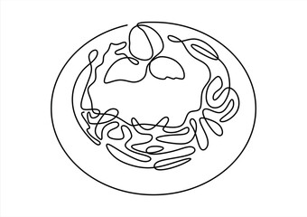 Single continuous line drawing of delicious spaghetti with basil. Italy pasta noodle restaurant concept hand draw line art design vector illustration for cafe, shop or food delivery service