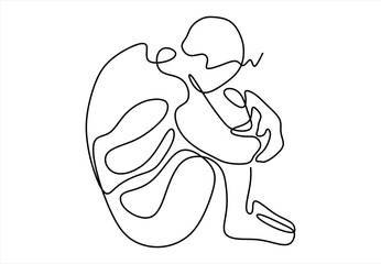 Minimalist Line Art of a Person Huddled in Sadness. line icon-continuous line drawing. Editable stroke. 
