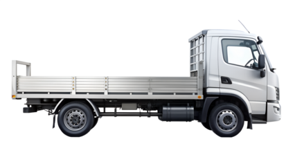 Silver flatbed truck isolated on transparent background, ideal for hauling and construction
