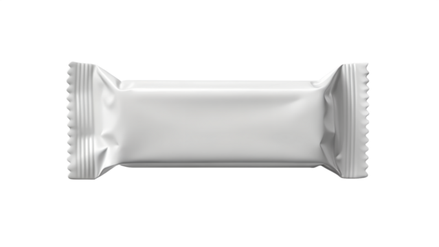 A blank white wrapper for a candy bar or snack is isolated on a transparent background, ready for branding