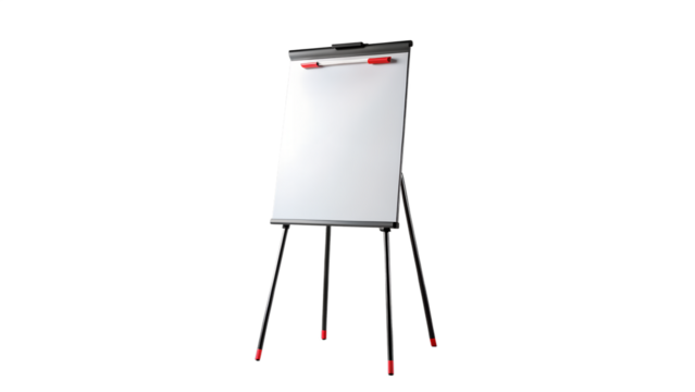 A blank flip chart on a tripod easel, isolated on transparent background, ready for presentation notes or brainstorming ideas