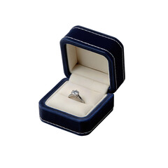 Luxury ring case in deep blue velvet revealing a round-cut diamond solitaire set in platinum, soft texture and subtle sheen, isolated on transparent background
