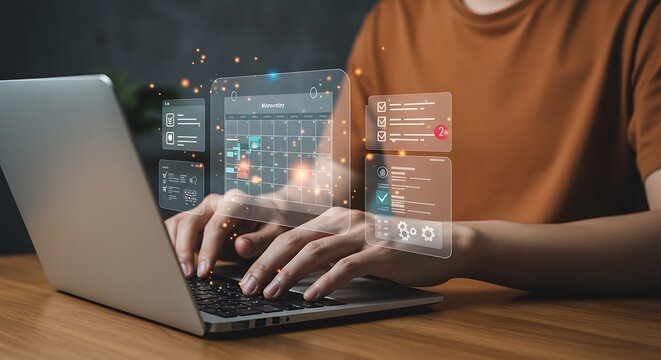Concept of productivity and time management. Man planning his work schedule with a holographic calendar, to-do list, and data analytics dashboard