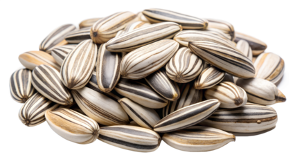 A pile of striped sunflower seeds, isolated on transparent background